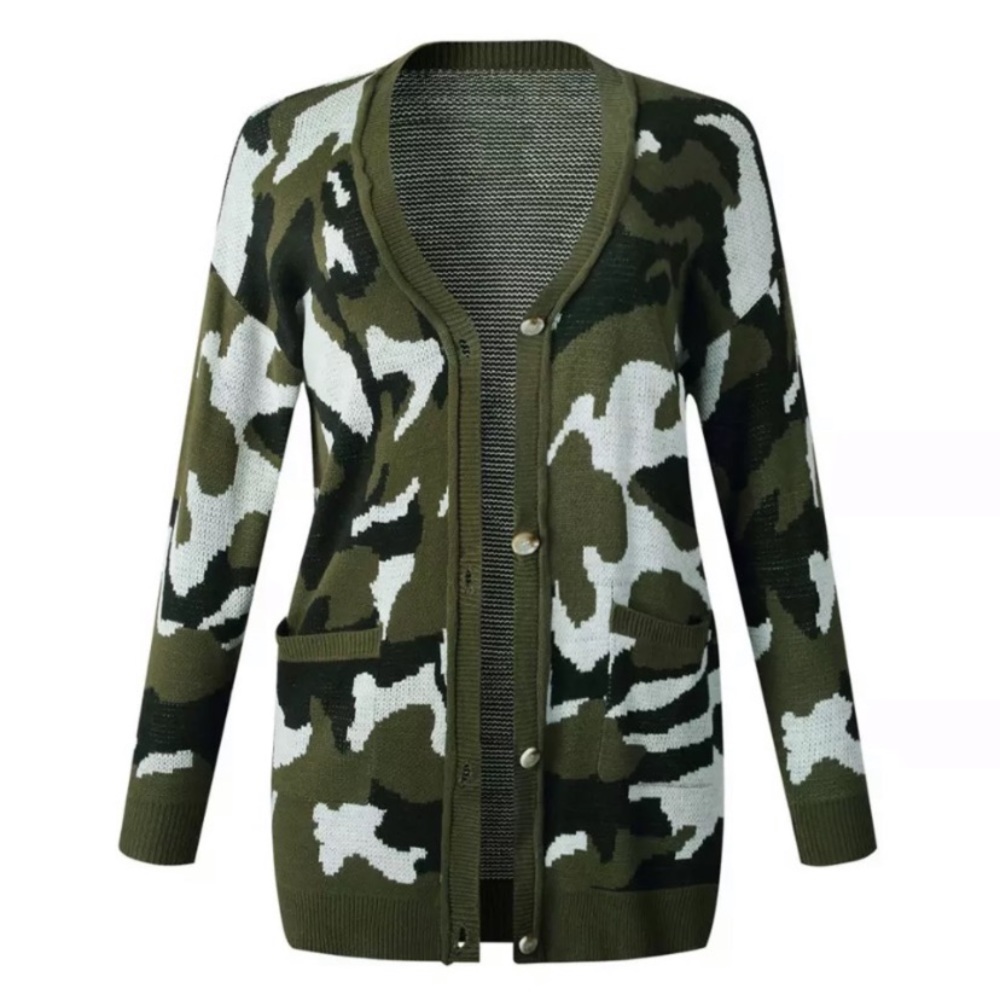 SOLD OUT CLEARANCE Olive Camouflage Button Front Knit Cardigan - Picture 6 of 8